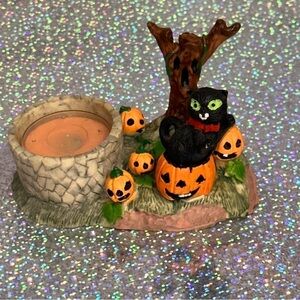 Vintage Halloween Spooky Black Cat Pumpkin Tree Candle Holder Decor 3" X 4.5"